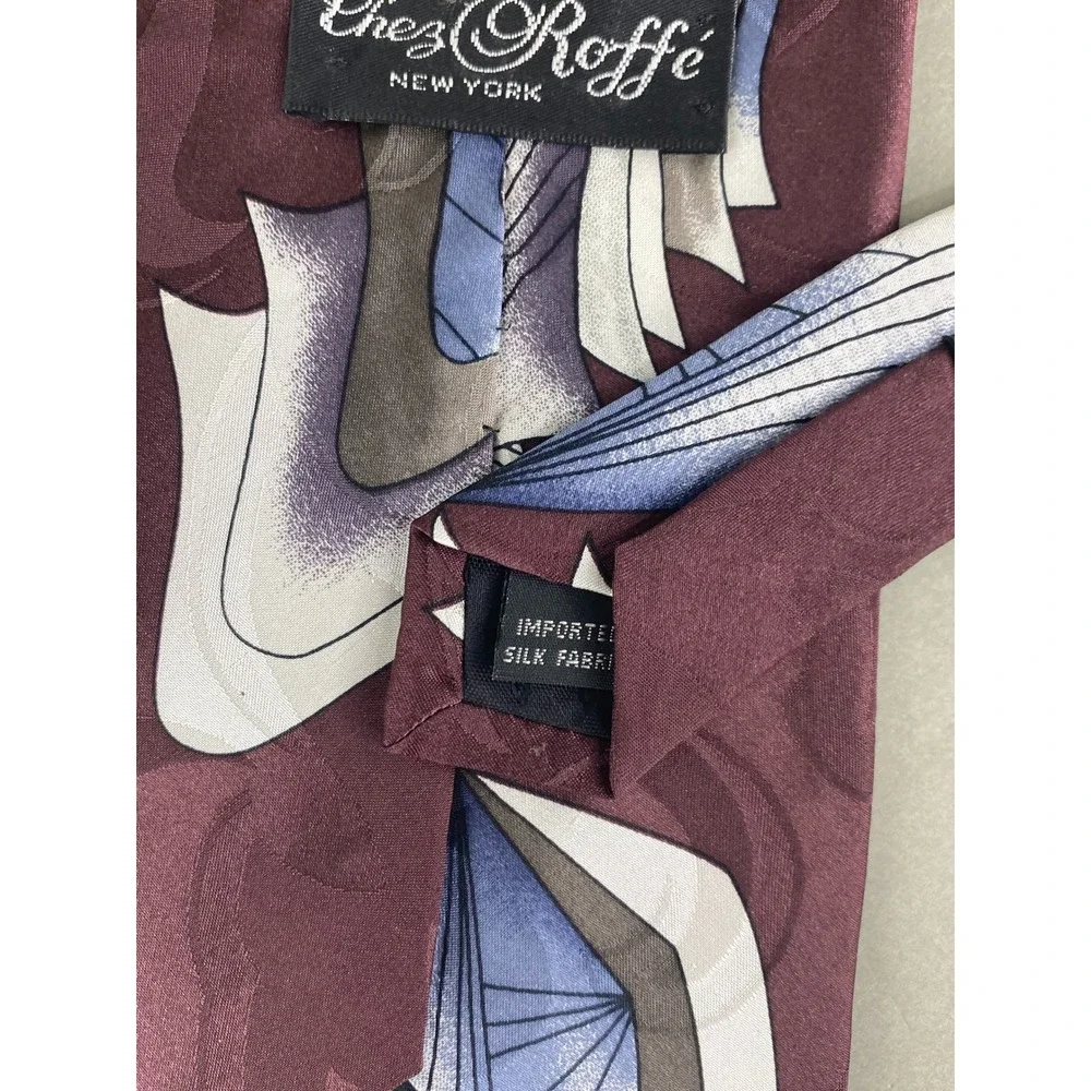 Chez Roffe Mens Tie Burgundy Geometric Silk Retro Abstract Art Deco Artsy 57x4